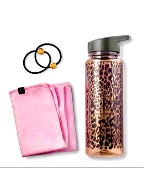 Victoria's Secret Leopard Print Water Bottle with Pink Towel & Black Hair Ties